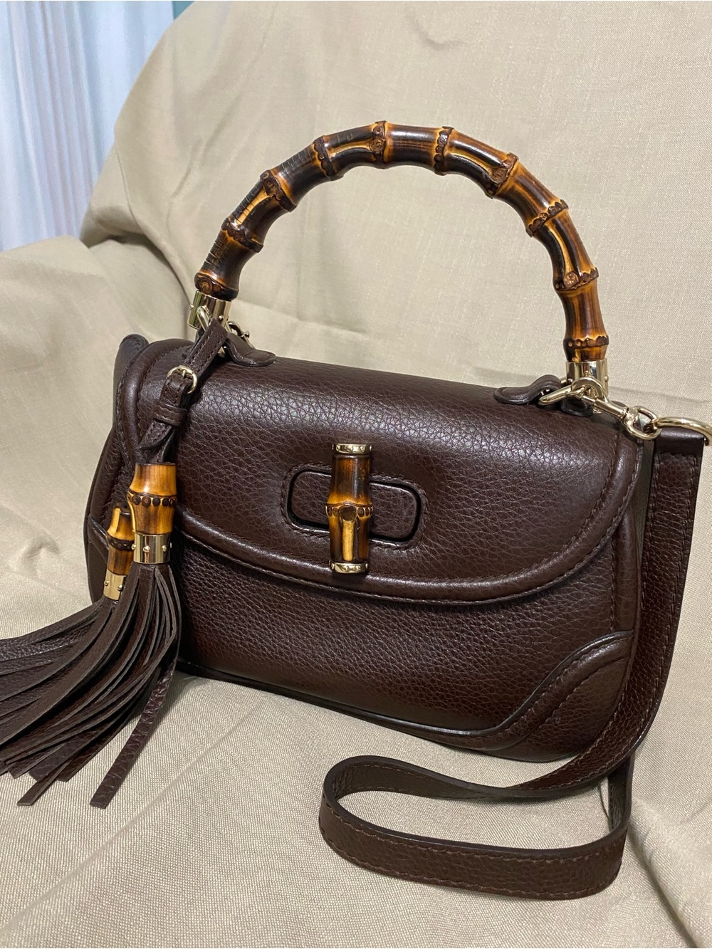 Gucci Bamboo Top Handle Shoulder Bag 2Way Leather Dark Brown Tassel 1947